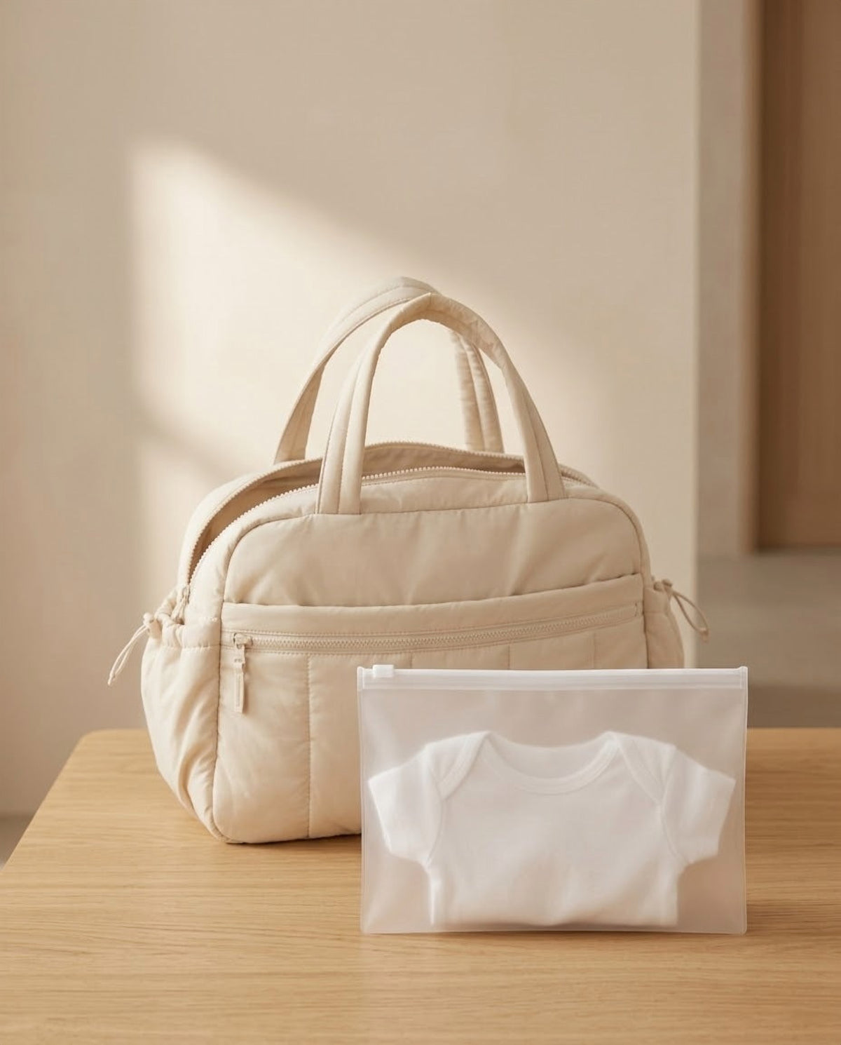 Pochette imperméable amovible avec un cache-couche, devant le sac crème