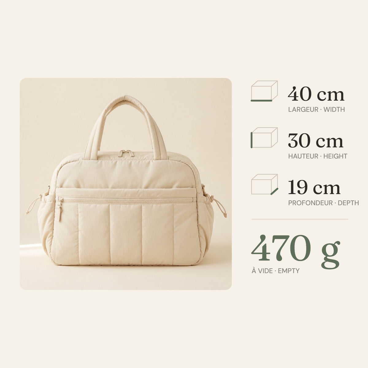 Dimensions du sac : largeur 40 cm, hauteur 30 cm, profondeur 19 cm, 470 g à vide